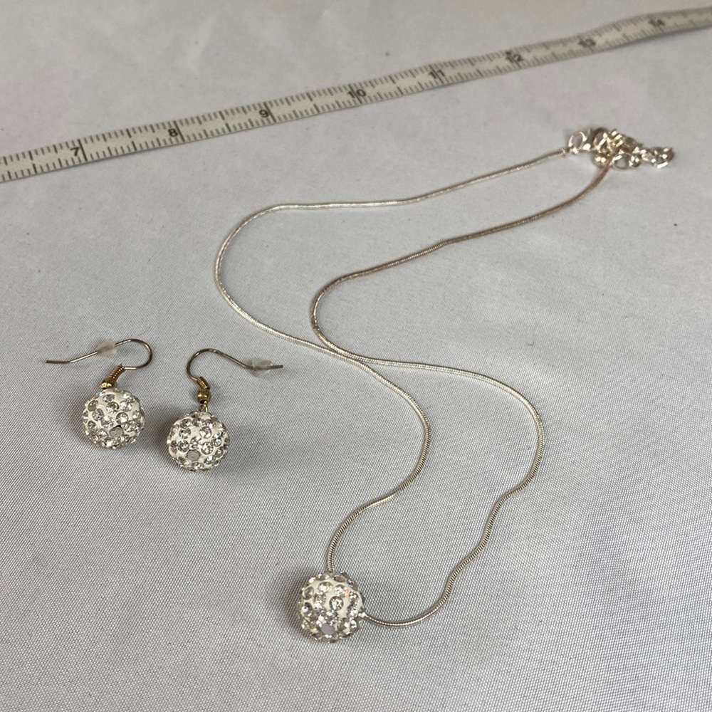 Silvertone white disco ball necklace and earrings set